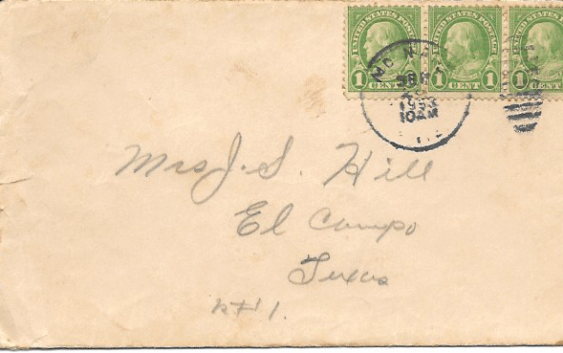 Jack Hill Envelope to Mrs. J. S. Hill, El Camp Texas, Sep 1933