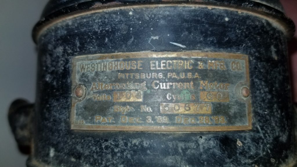 Plate Westinghouse Electric & Mfg Co Pittsburg, PA, USA Alternating Current Motor Volts 104, Cycles 60, Style no 60677, Pat Dec 3, 89 Dec 26 93